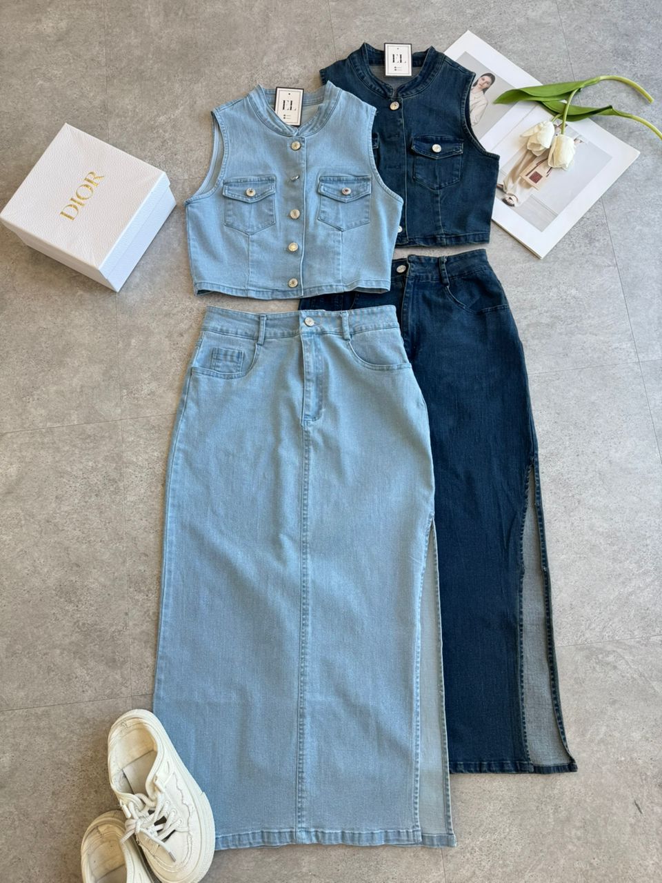 无袖马甲长裙开叉套装