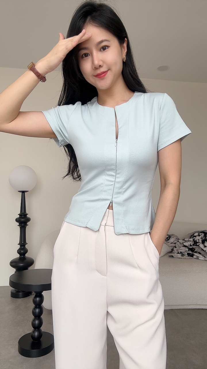 时髦双向拉链短袖上衣