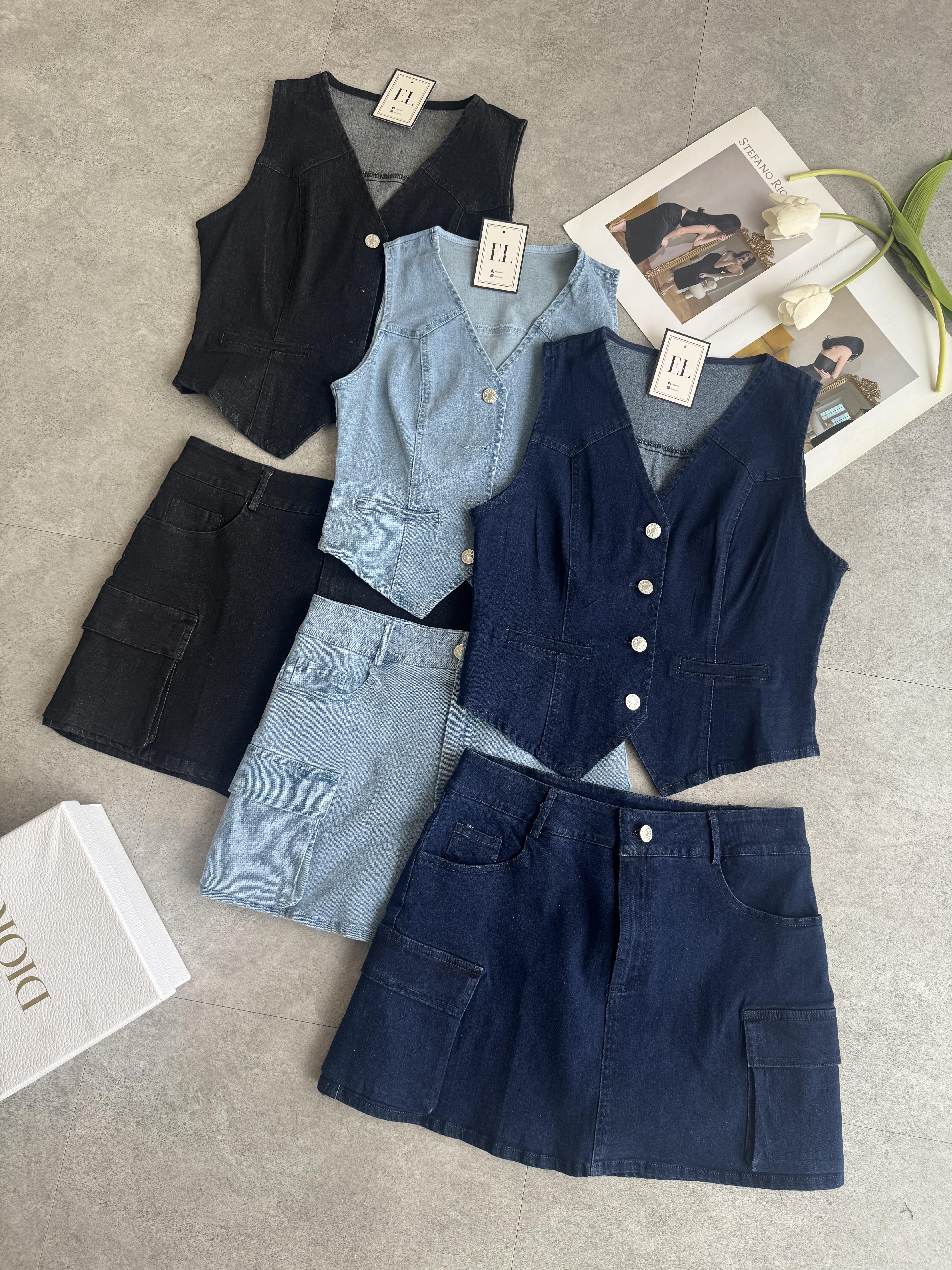 牛仔马甲短裙套装