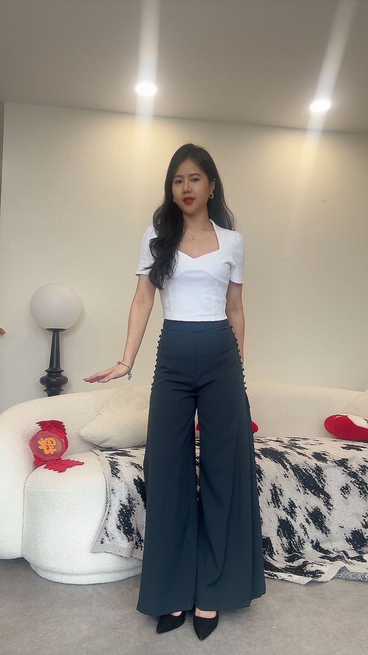 侧边百褶设计高腰阔腿裤