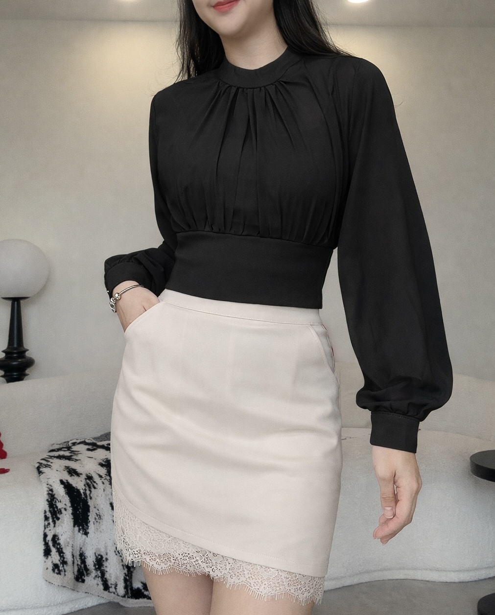 法式皱褶领雪纺长袖Top