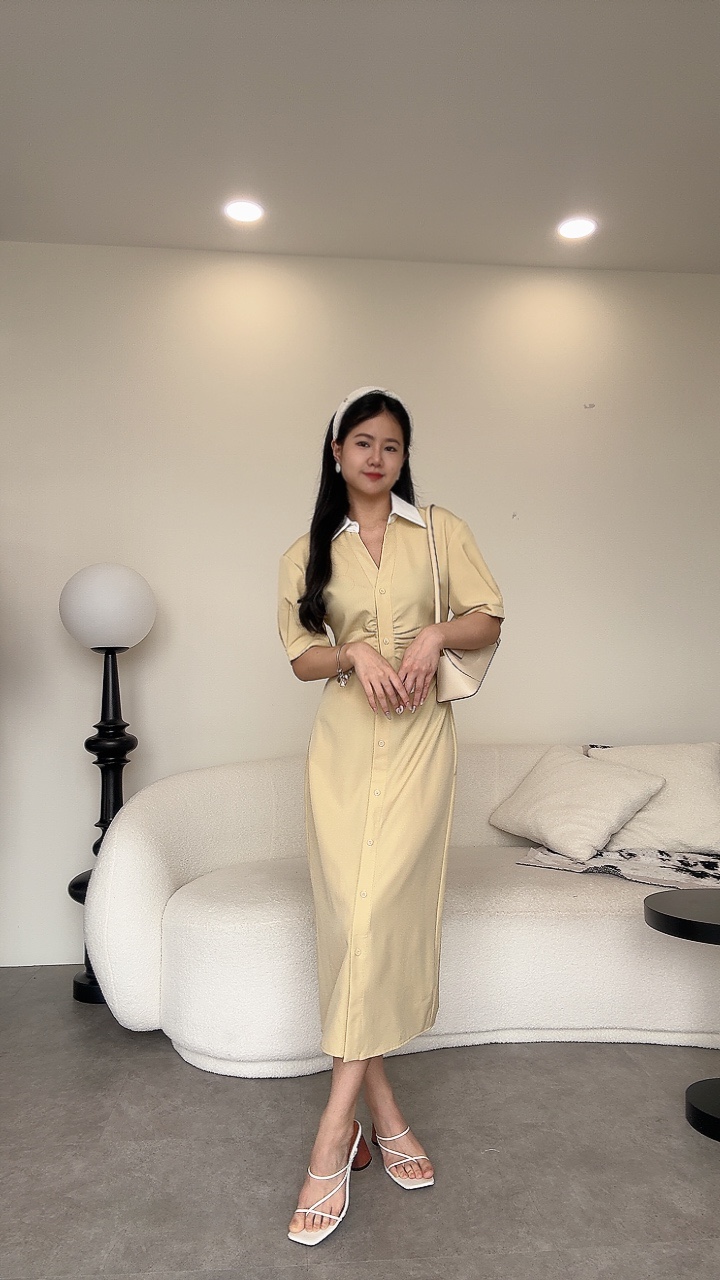 复古气质腰褶皱拼色Dress