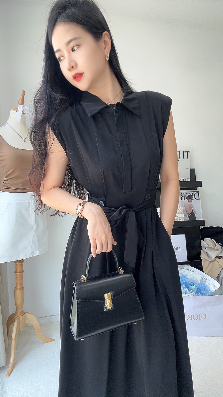 通勤垫肩无袖连身裙