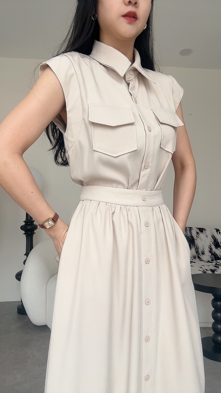 一节袖口袋A摆长裙套装