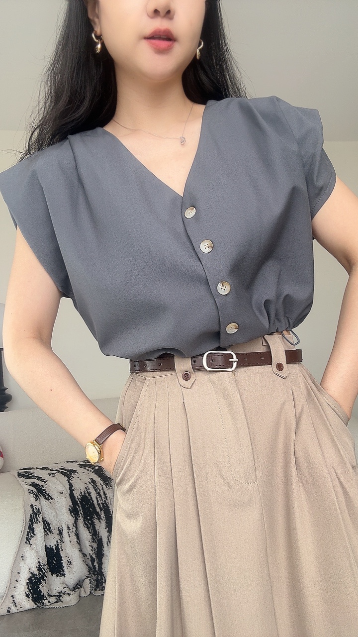 Muji风落肩袖可缩腰Top