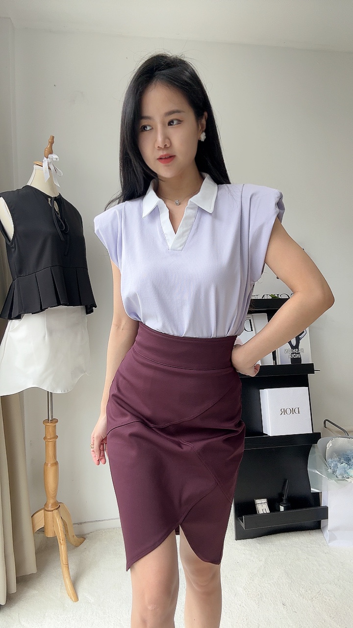 双色垫肩过袖有领上衣