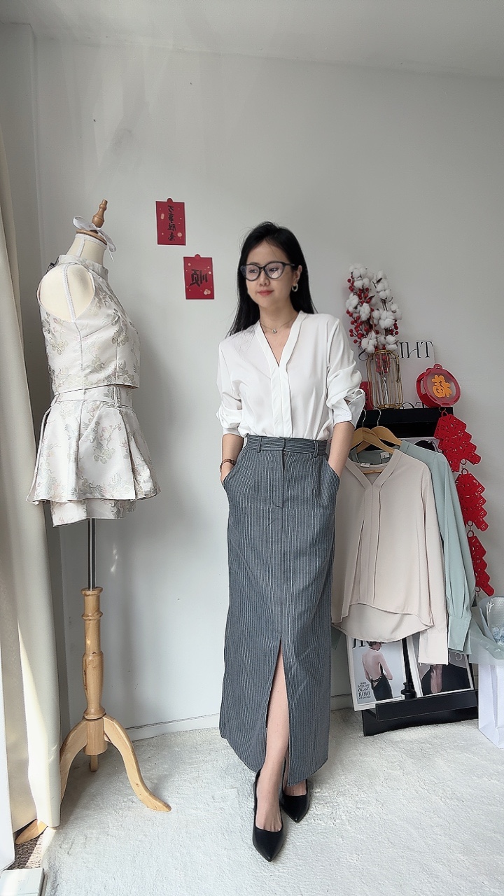 麻棉&滑面料前开叉显瘦直长裙