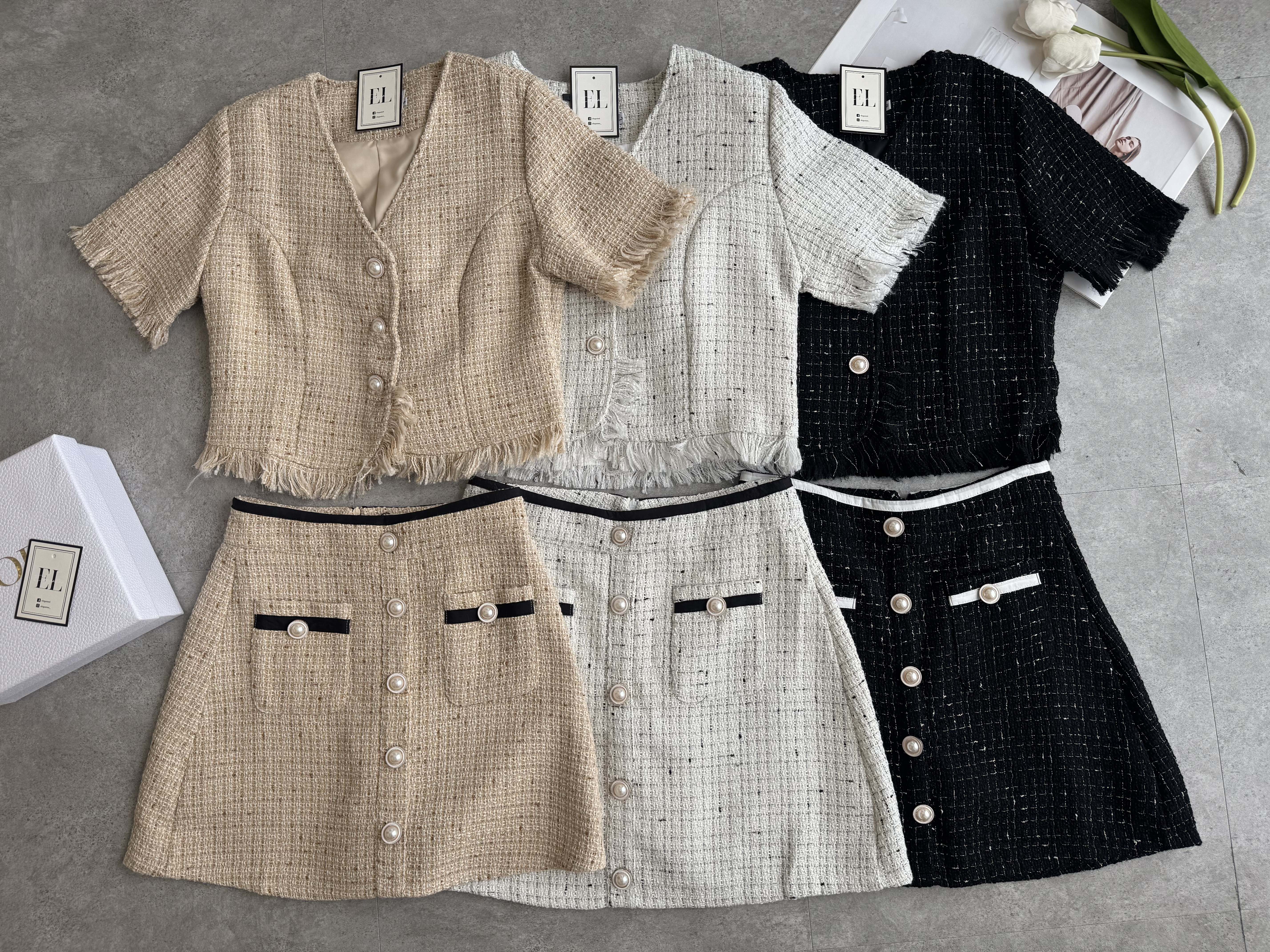 小香风珍珠扣短裙套装