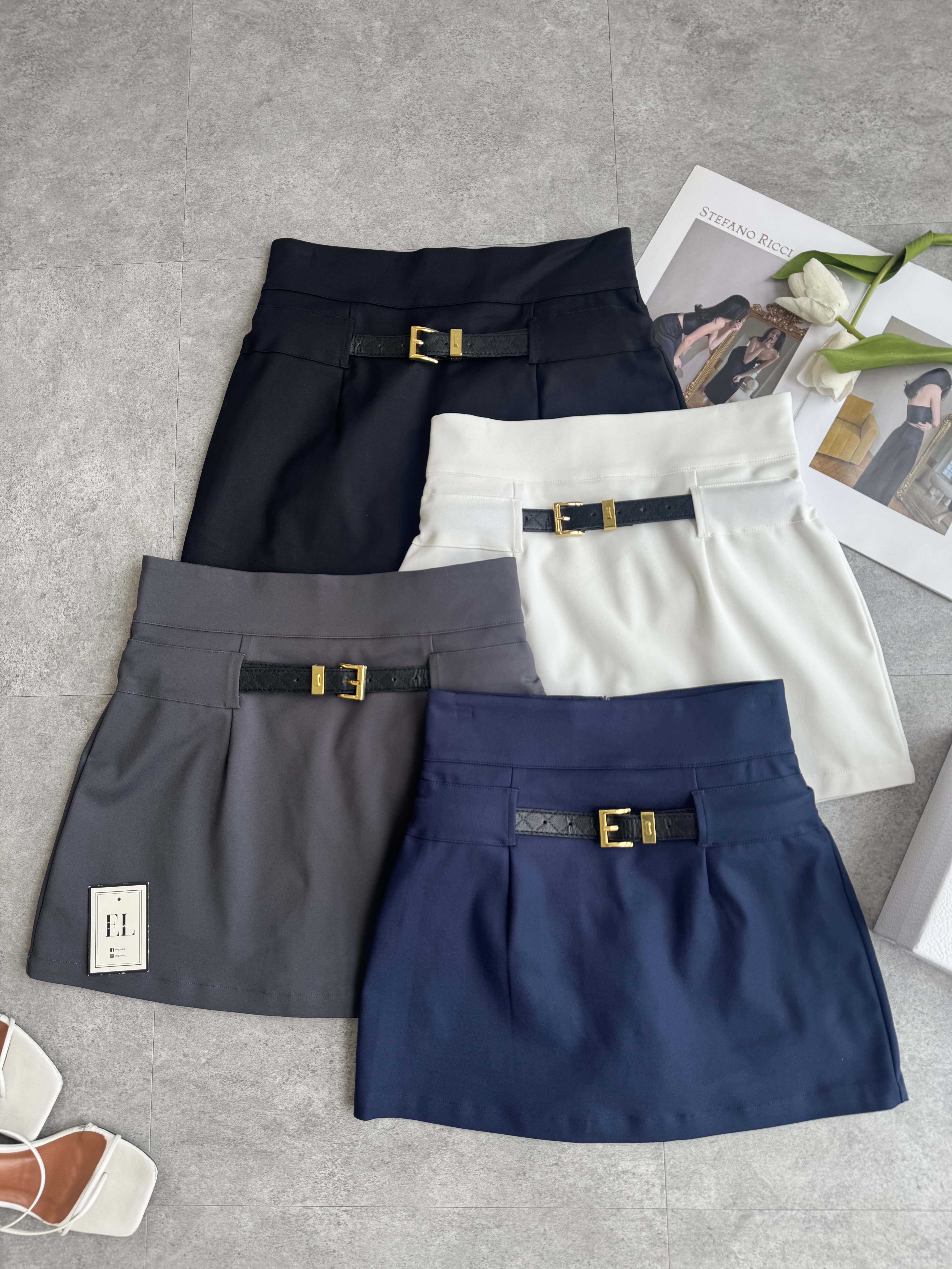 厚版高腰低腰带设计短裙