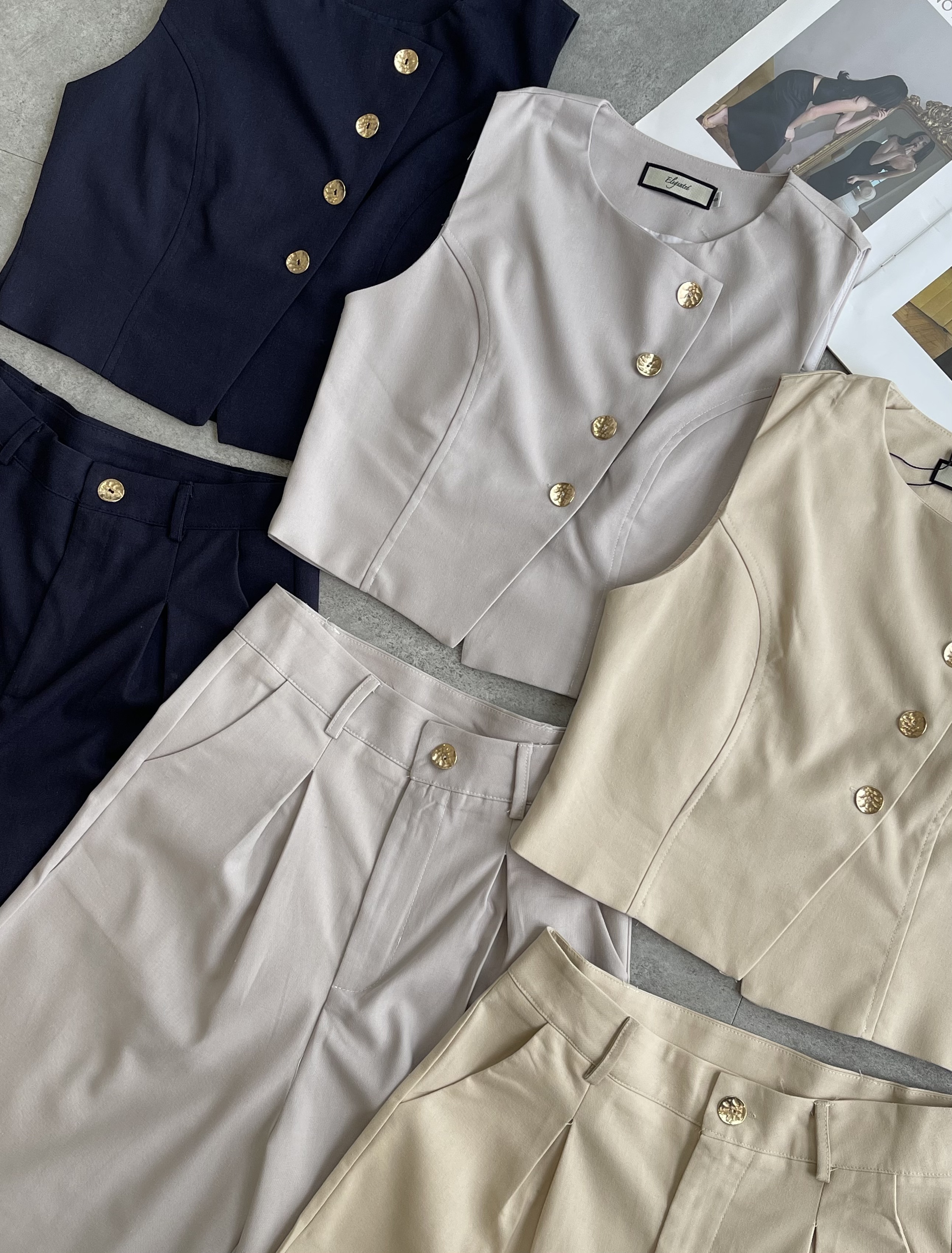 麻棉斜钮马甲长裤Set