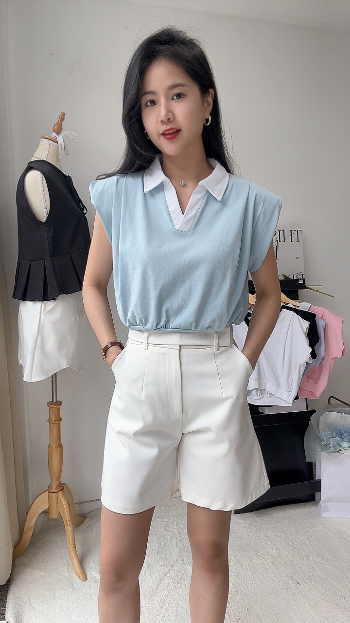 双色垫肩过袖有领上衣