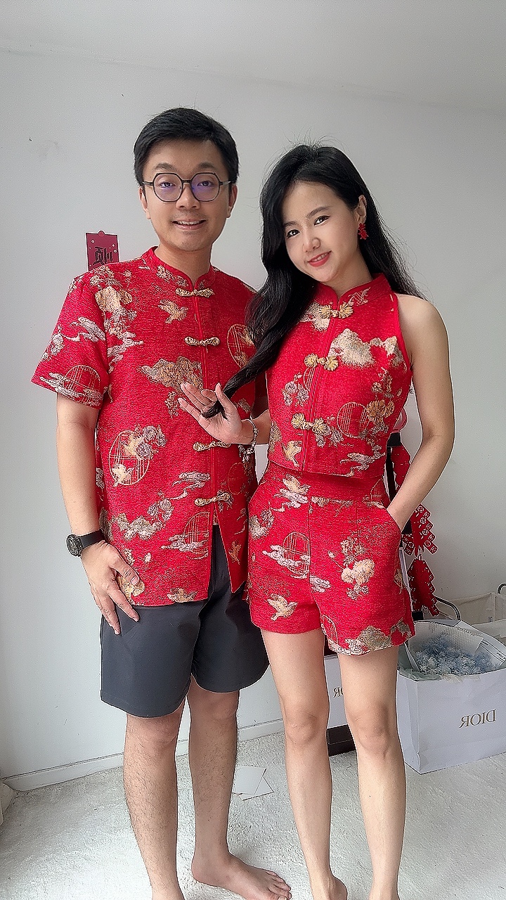 （情侣-男）金扣如意短裤旗袍套装