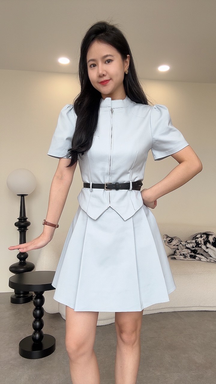 拉链皮带酷女孩短袖短裙套装 