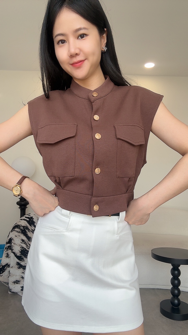 厚Cotton金扣弹性塑胶腰口袋上衣