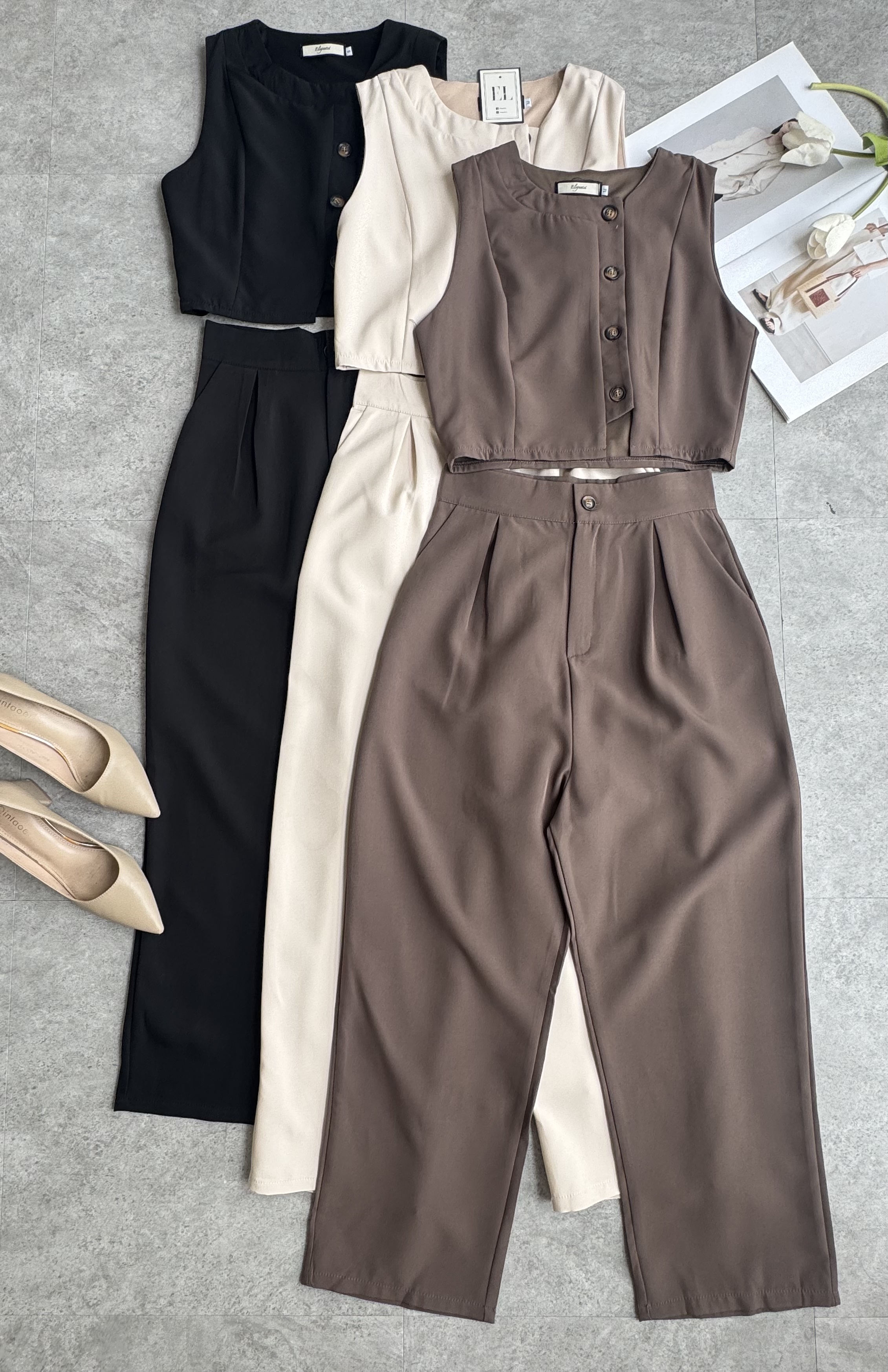 侧排纽无袖梨形版长裤套装（超高腰）