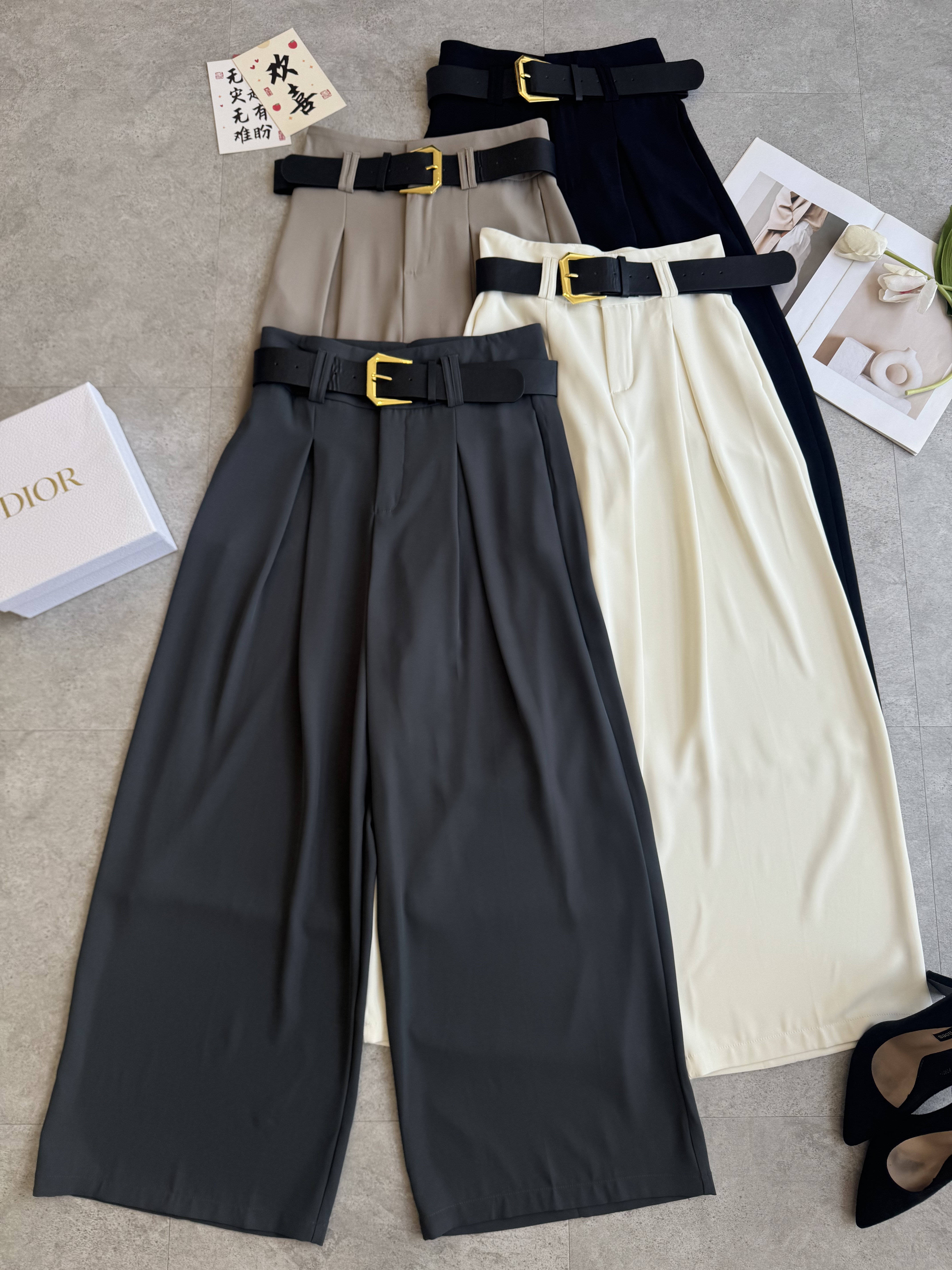 NEW滑垂厚金腰带高腰阔腿裤