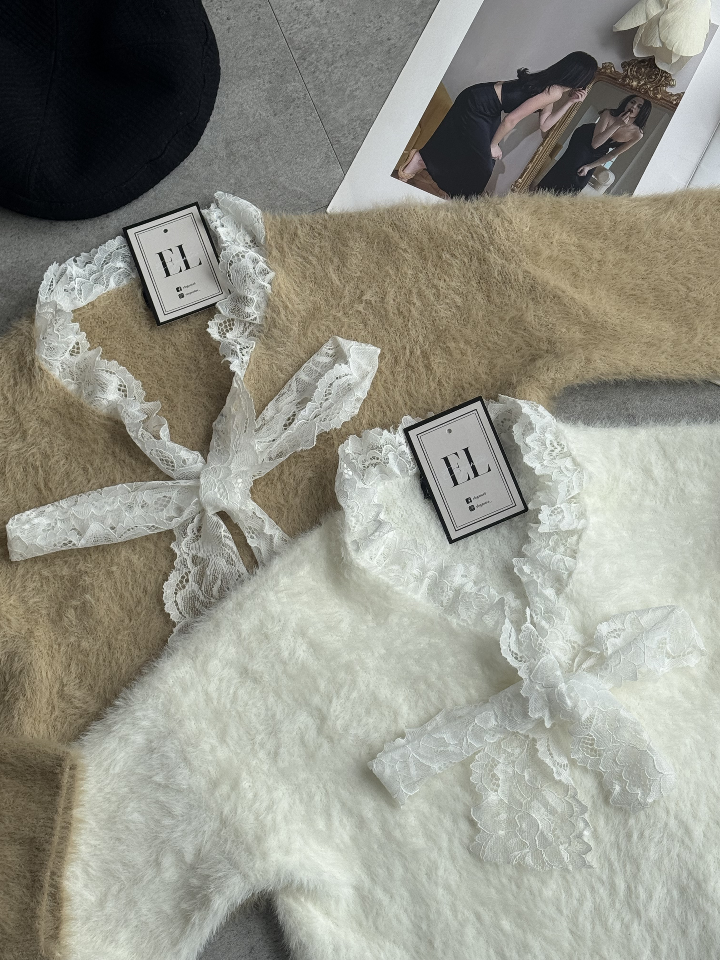 蕾丝蝴蝶结长袖毛衣