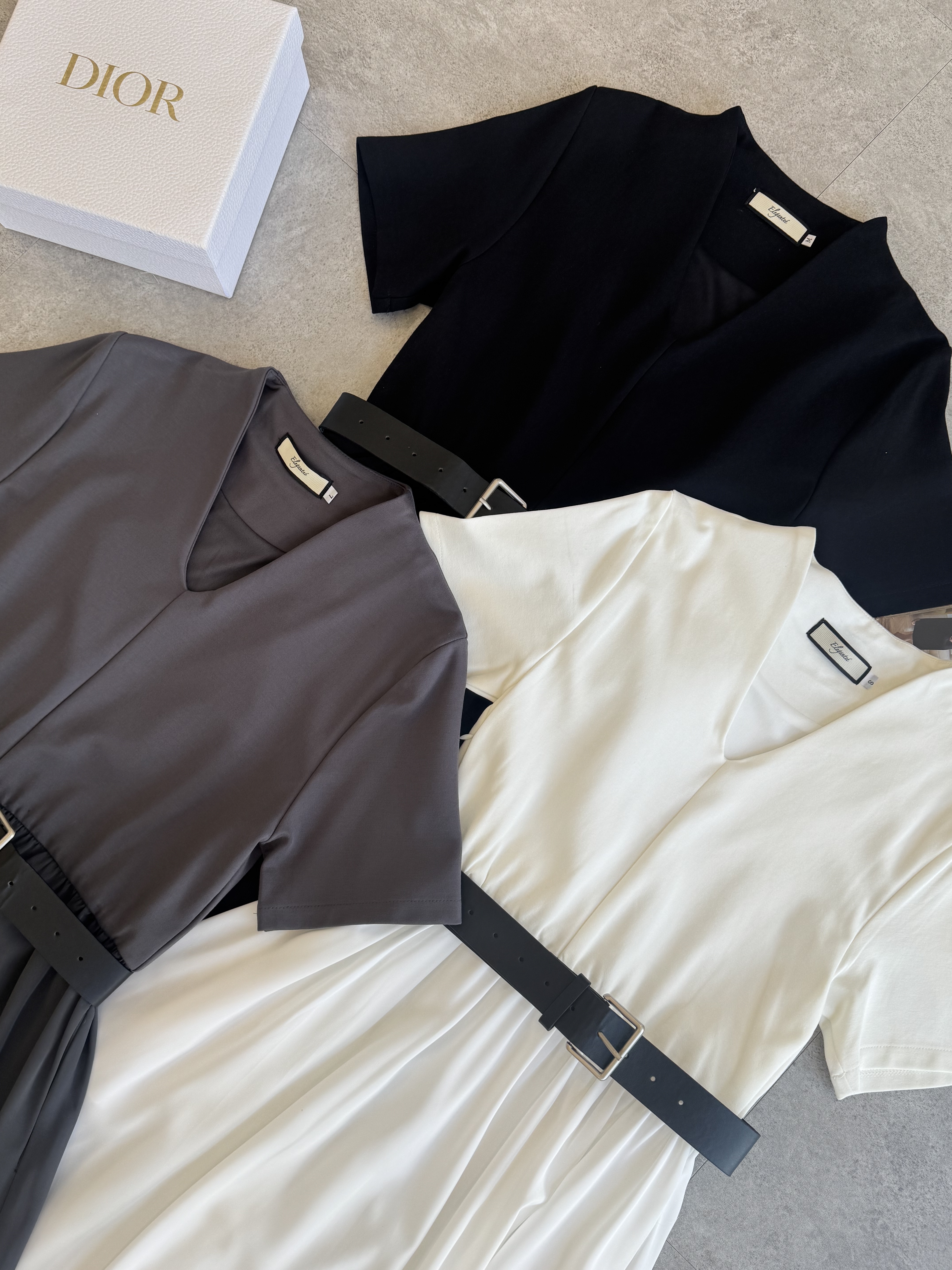 （厚）法式V领短袖连身长裙-腰带