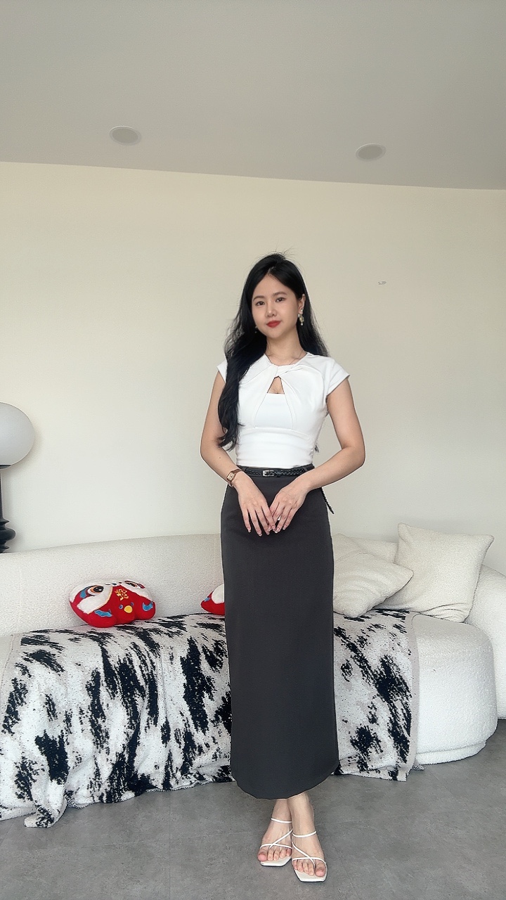 麻编腰带西装直筒长裙