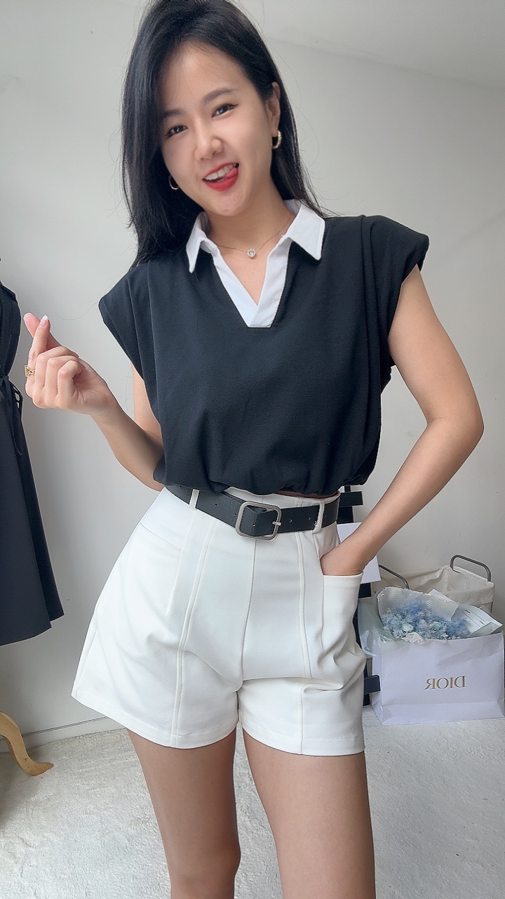 双色垫肩过袖有领上衣