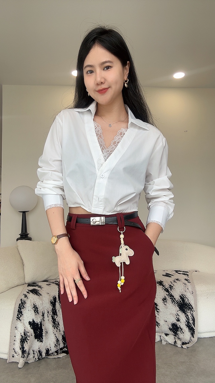 NEW蕾丝边短版衬衫