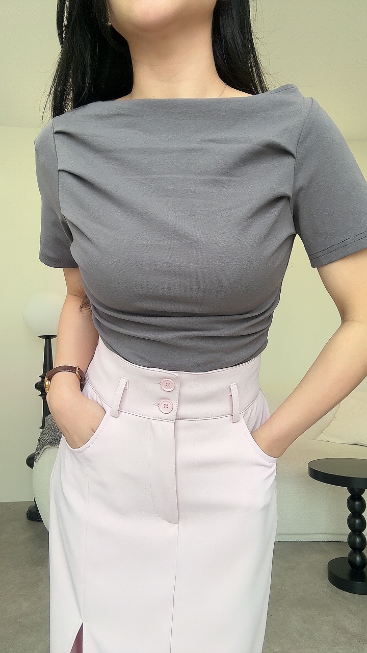 NEW一字领短袖皱褶腰上衣