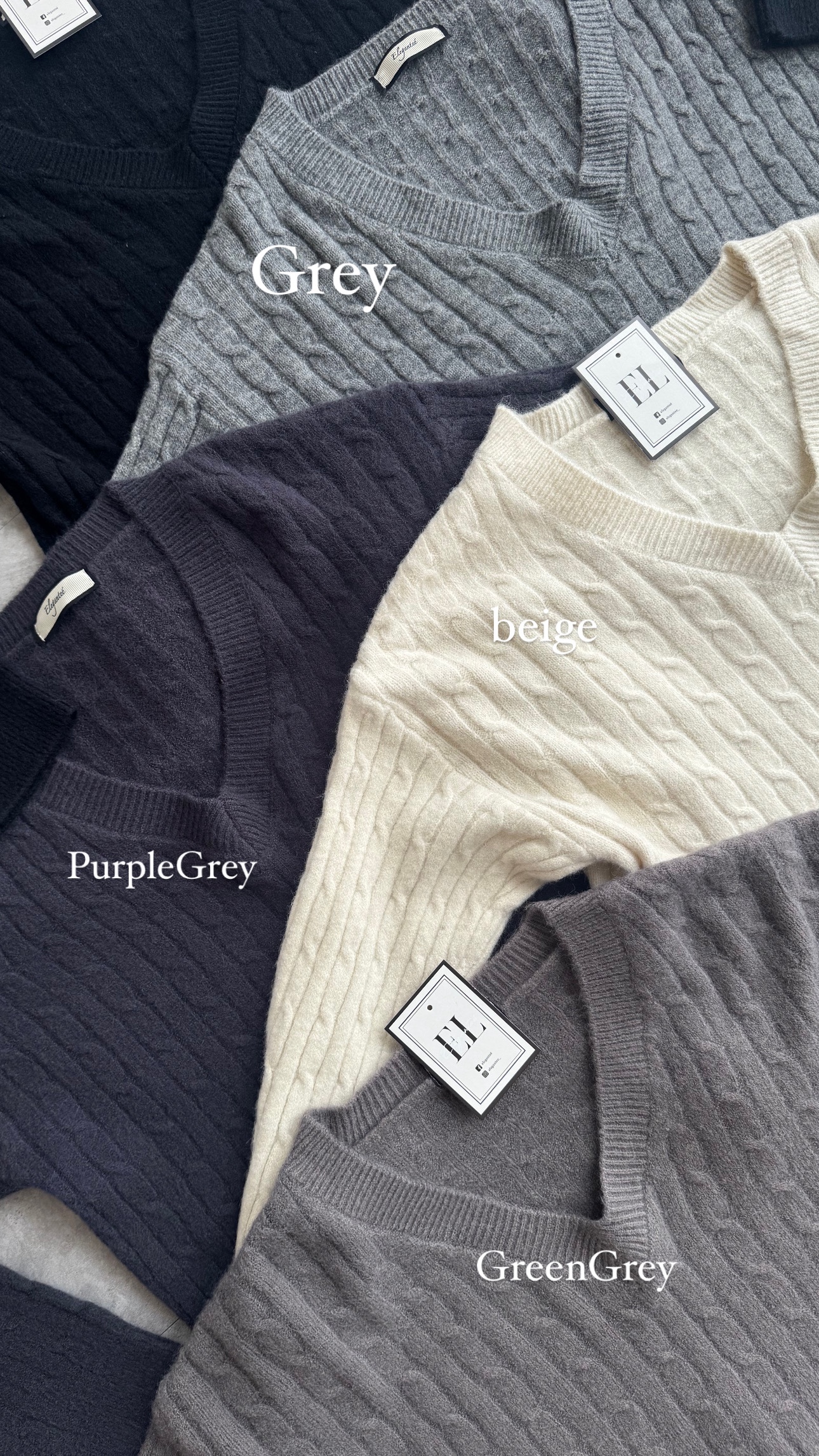 V领大麻编长袖毛衣