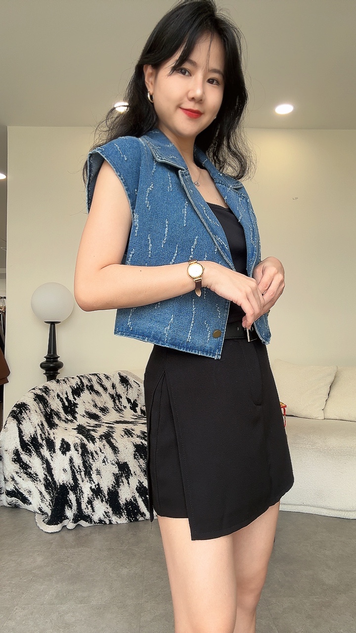 白毛条纹牛仔过肩Top 