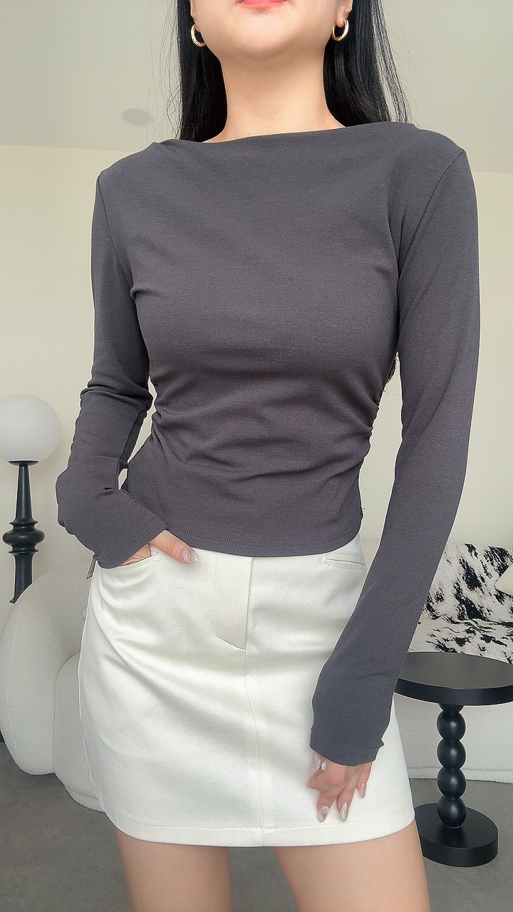 收腰褶皱一字领长袖Top