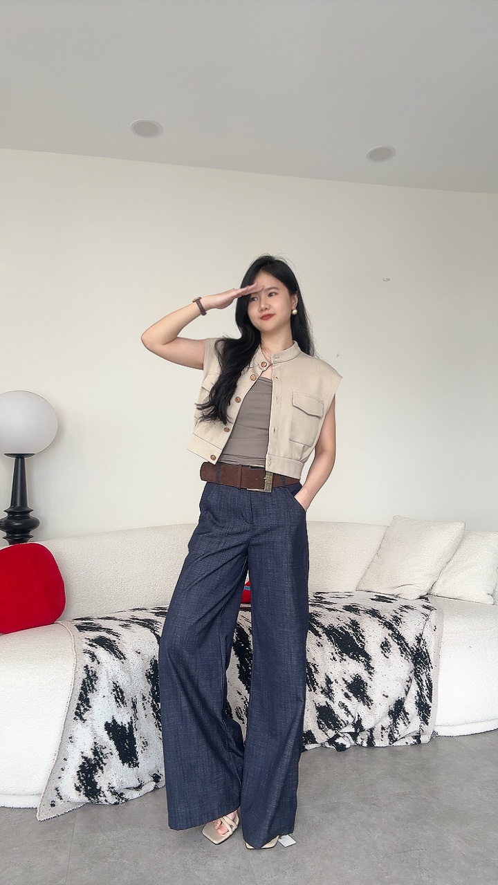 复古绒布厚腰带Denim-like高腰阔腿裤