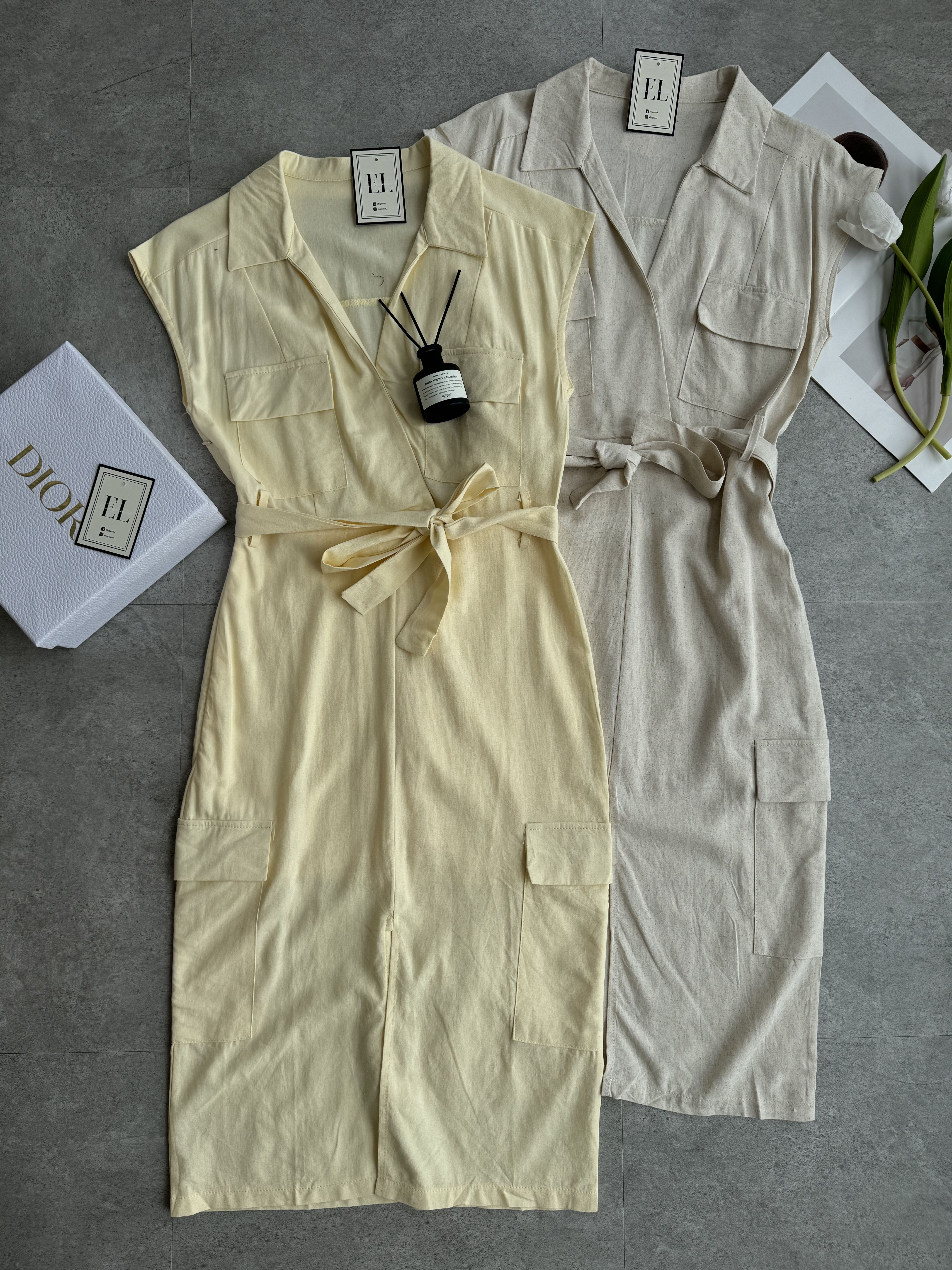 软麻轻爽工装风过肩袖dress