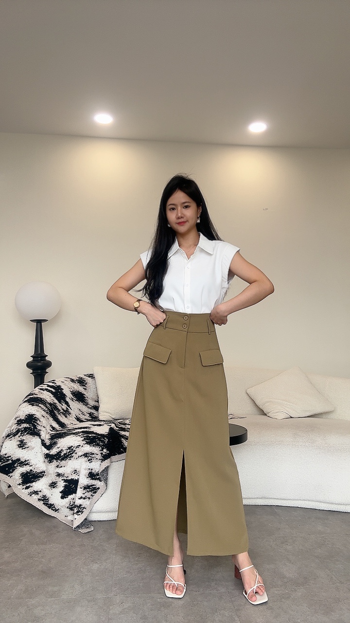 梨形高腰口袋盖设计滑面长裙 