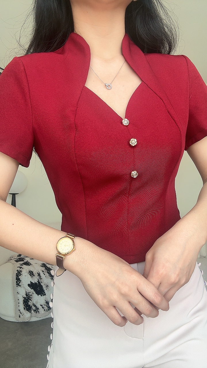 高雅菱形领短袖Top