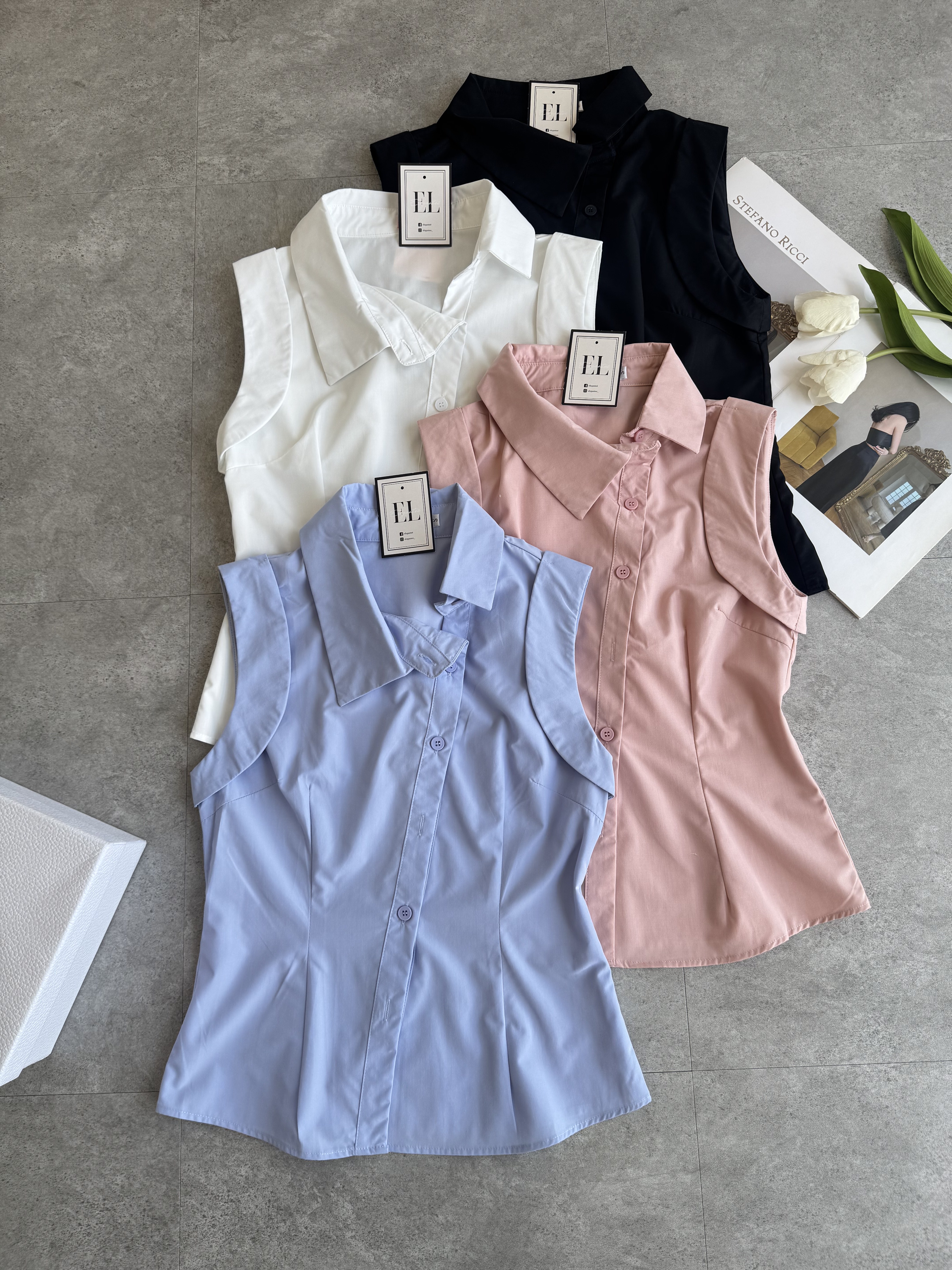 卷边无袖斜钮设计Top