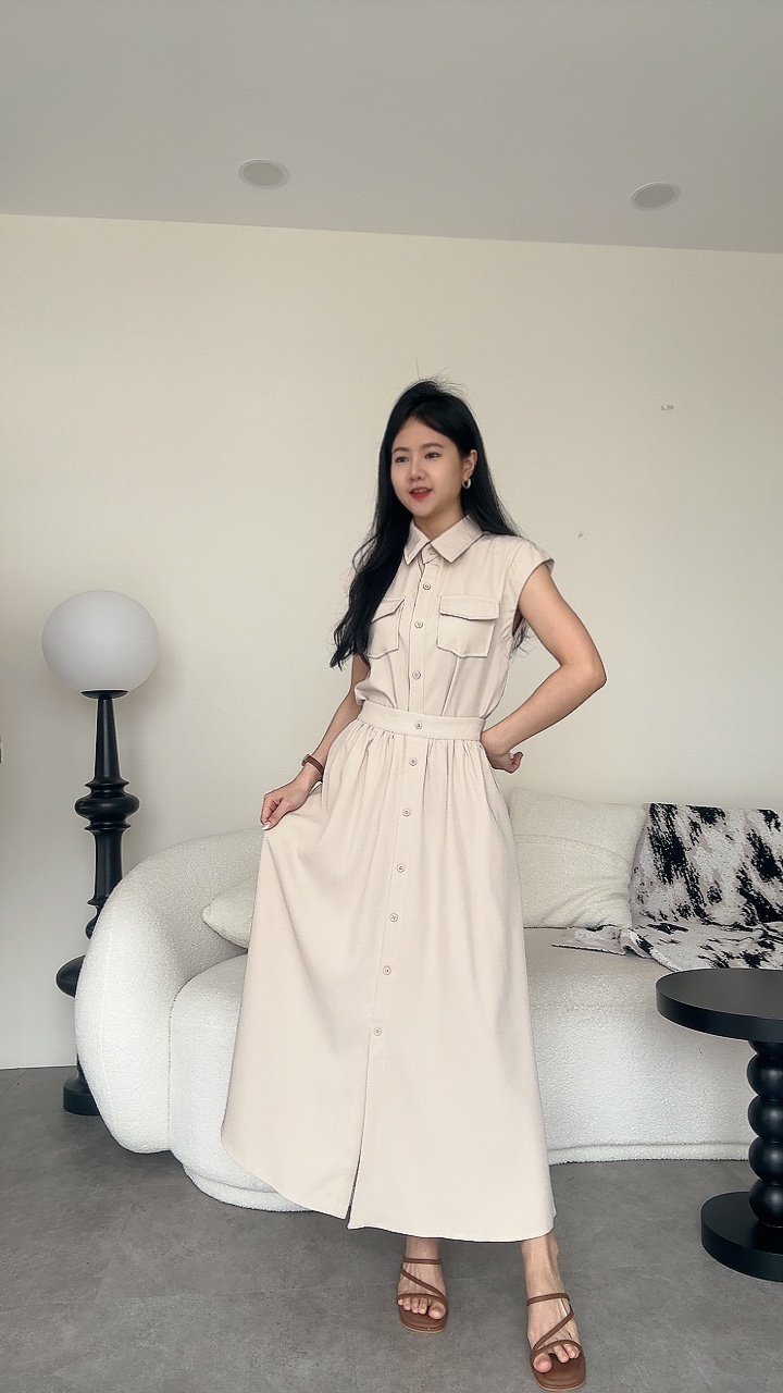 一节袖口袋A摆长裙套装