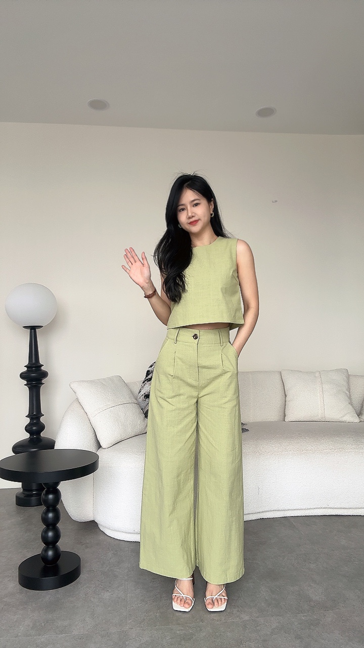 亚麻无袖阔腿裤套装