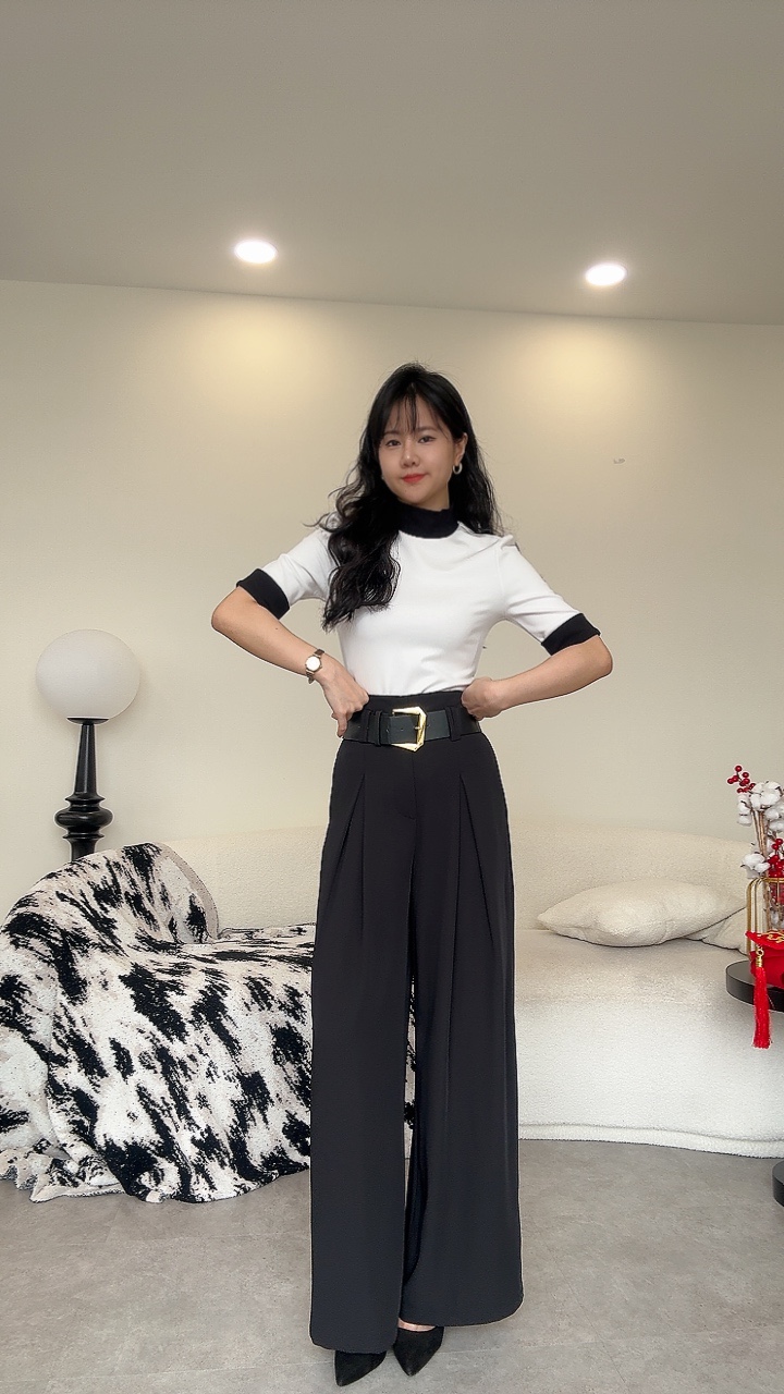 NEW滑垂厚金腰带高腰阔腿裤