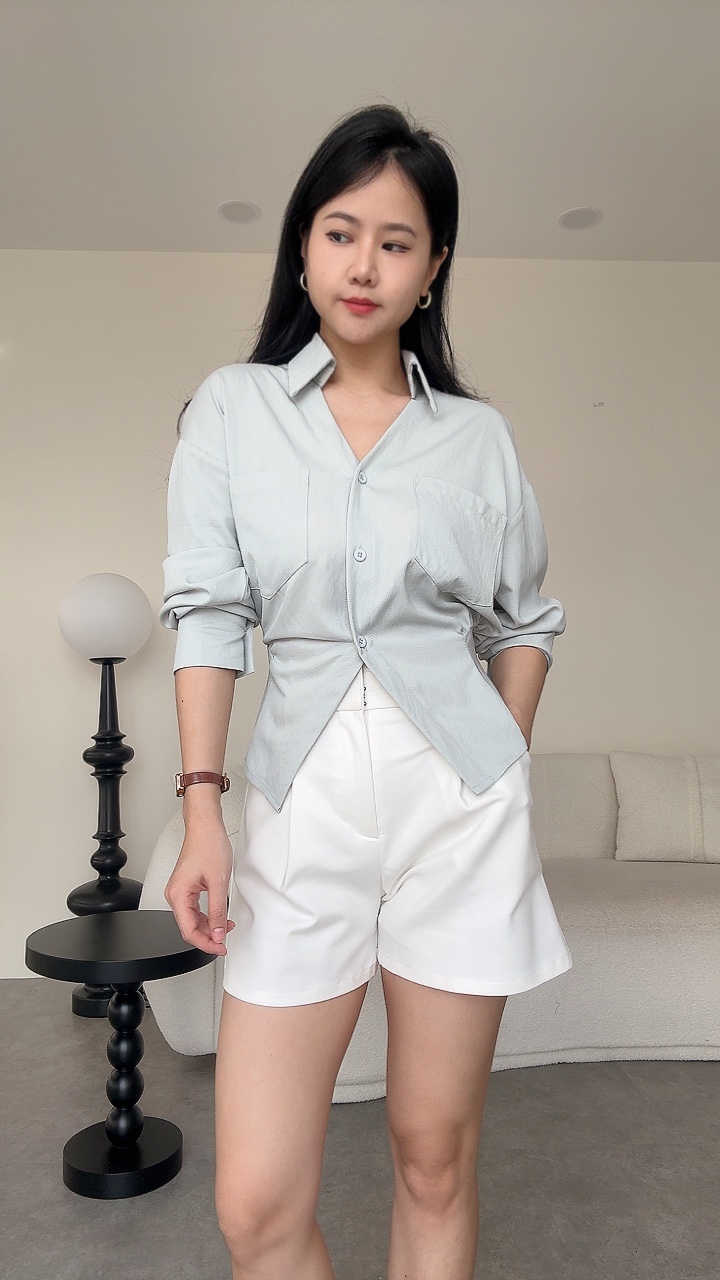 软麻感修腰设计V领长袖衬衫