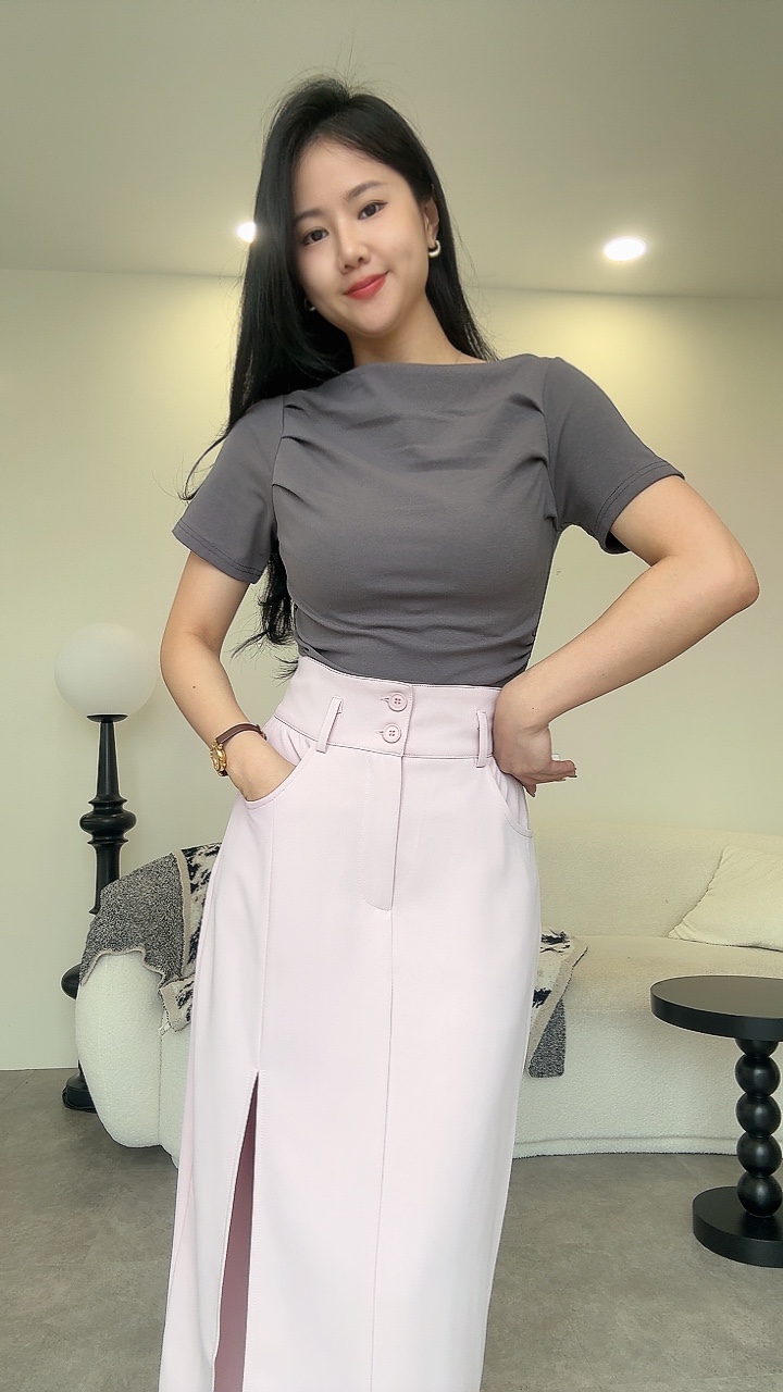 NEW一字领短袖皱褶腰上衣