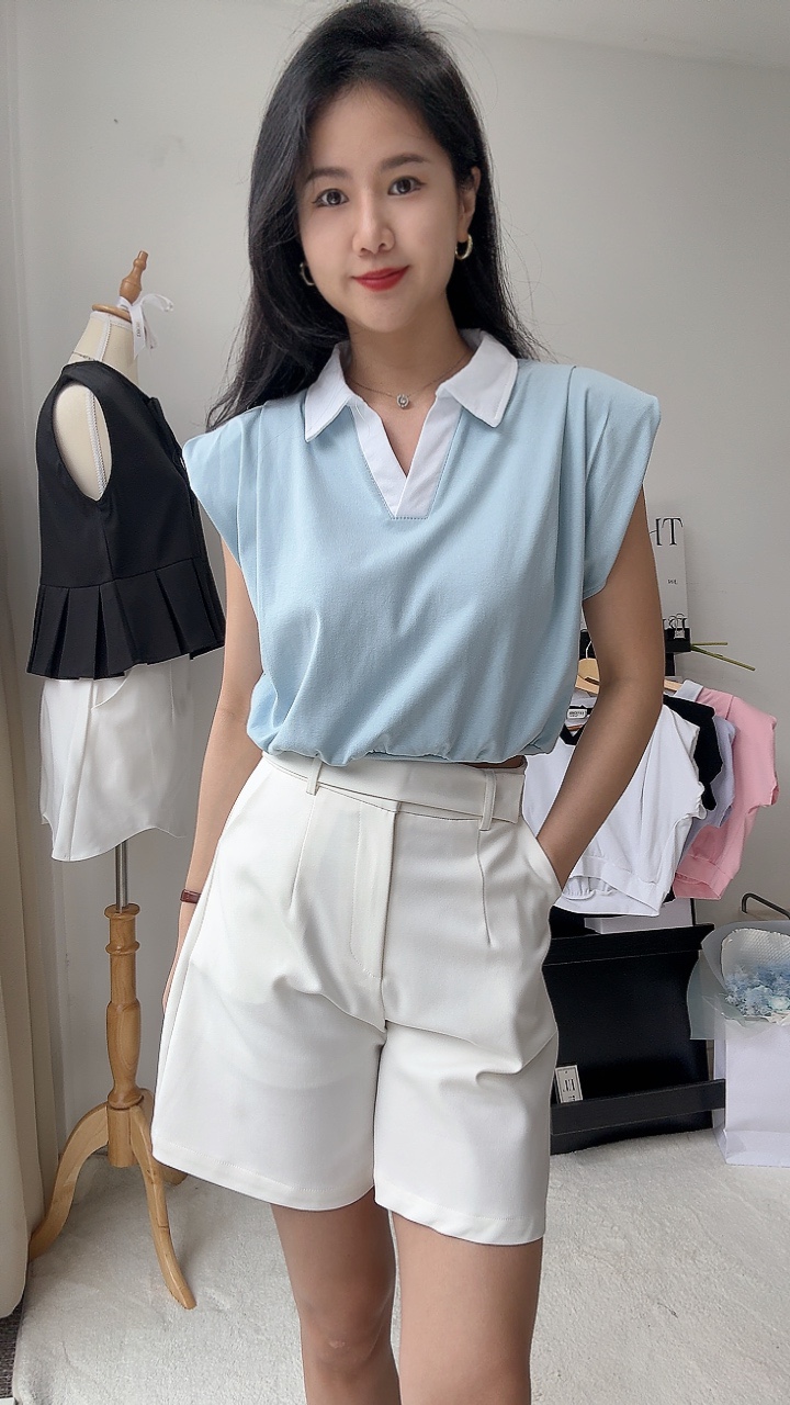 双色垫肩过袖有领上衣