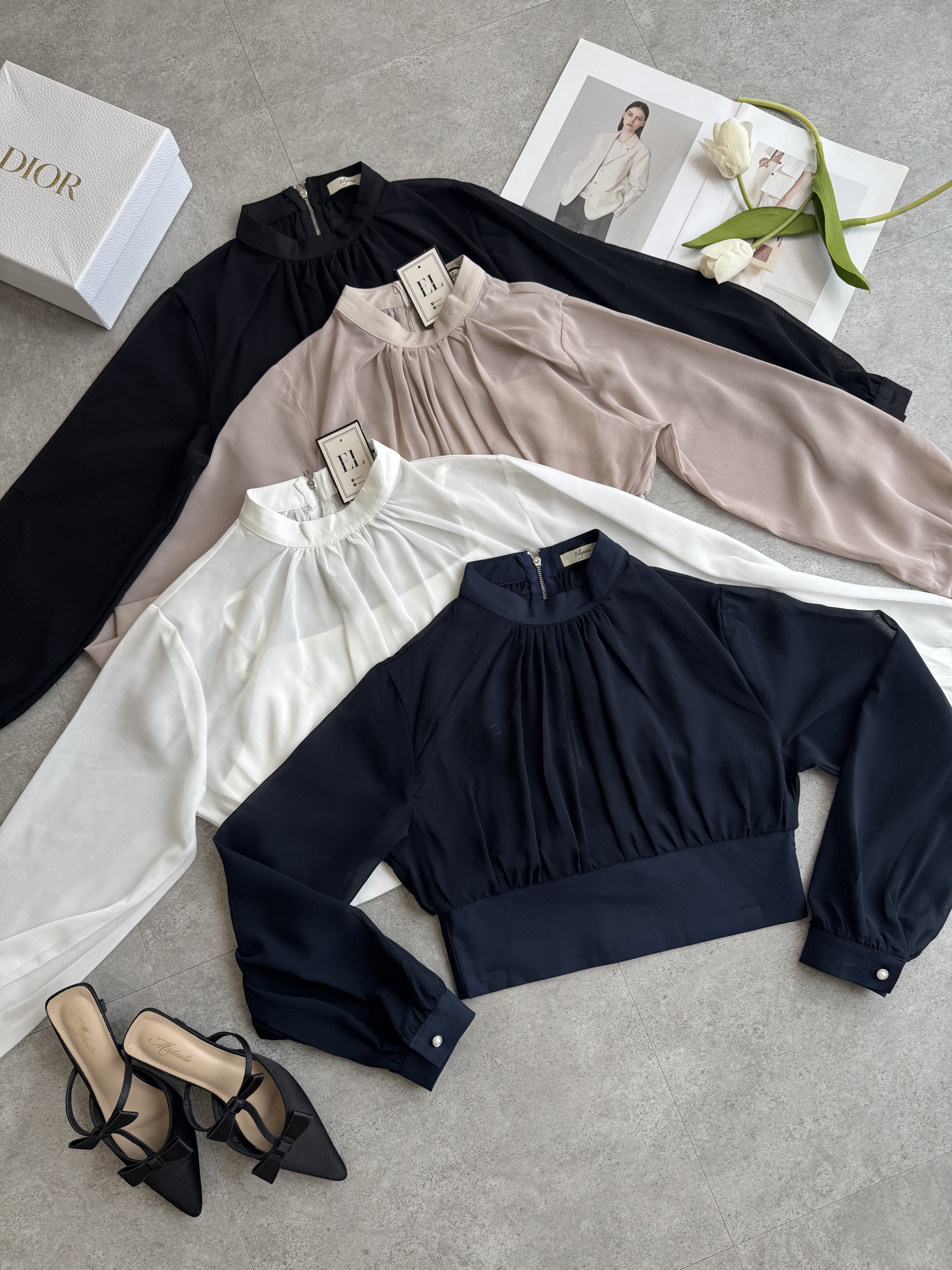 法式皱褶领雪纺长袖Top