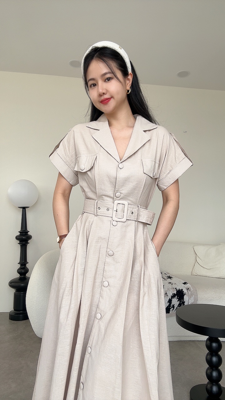 亚麻卷袖厚腰带连身裙