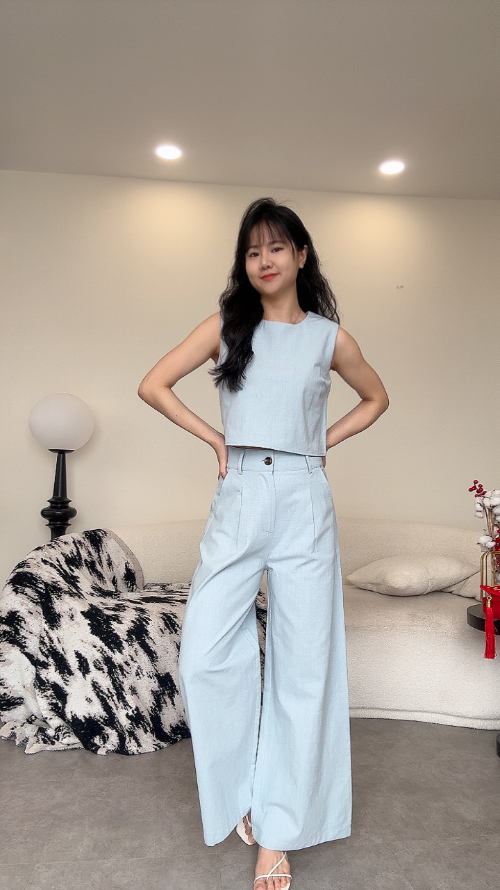 亚麻无袖阔腿裤套装