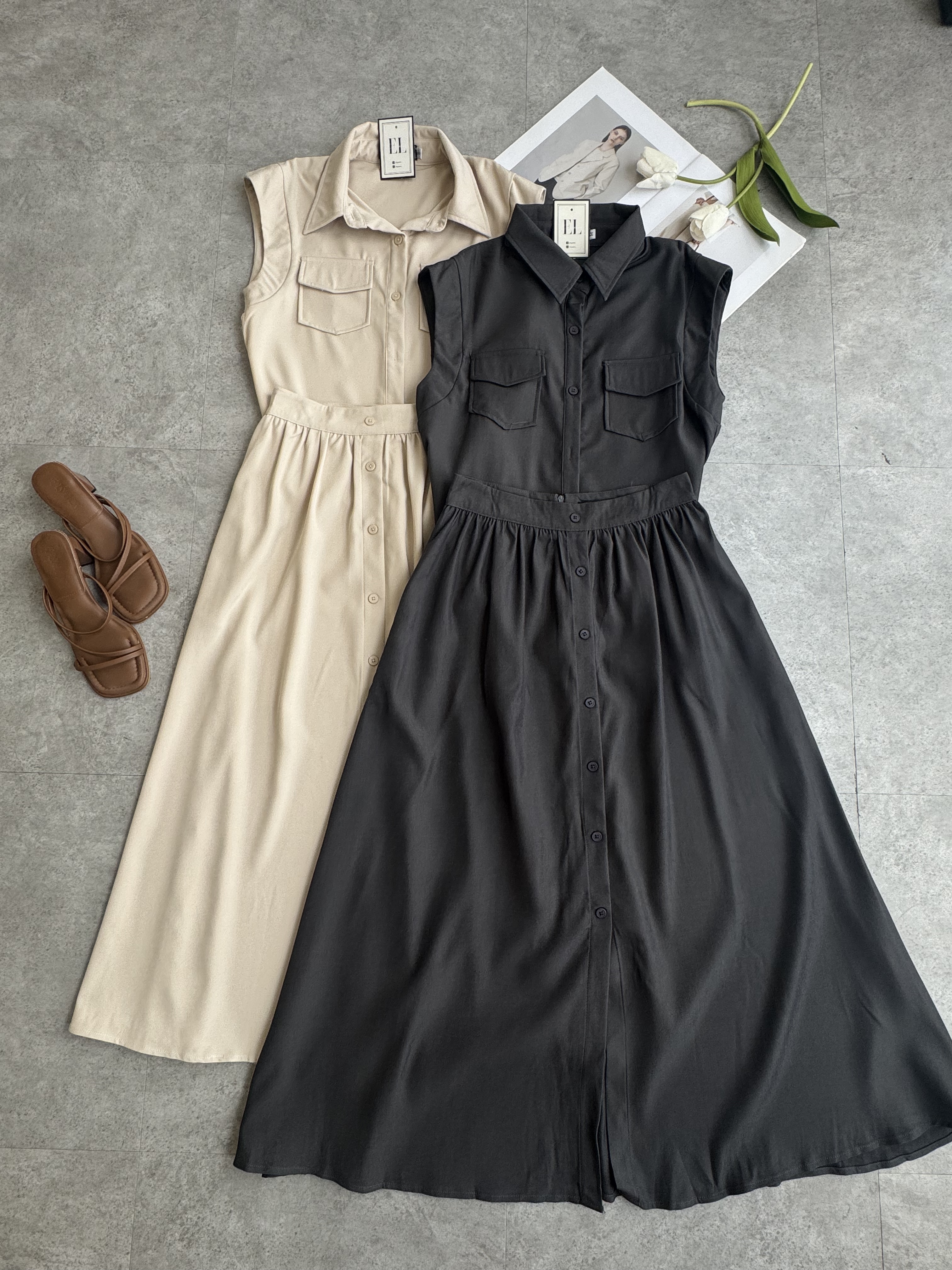 一节袖口袋A摆长裙套装