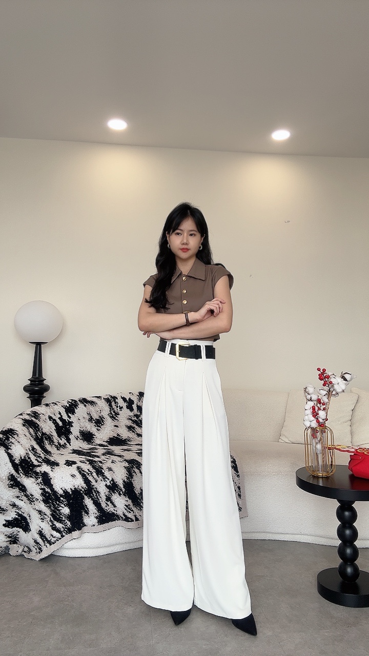 NEW滑垂厚金腰带高腰阔腿裤