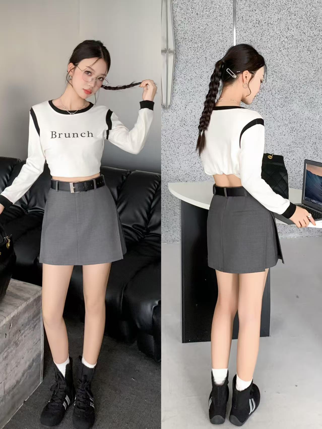 (BO-OCT) 两侧开边设计厚西装高质感短裙