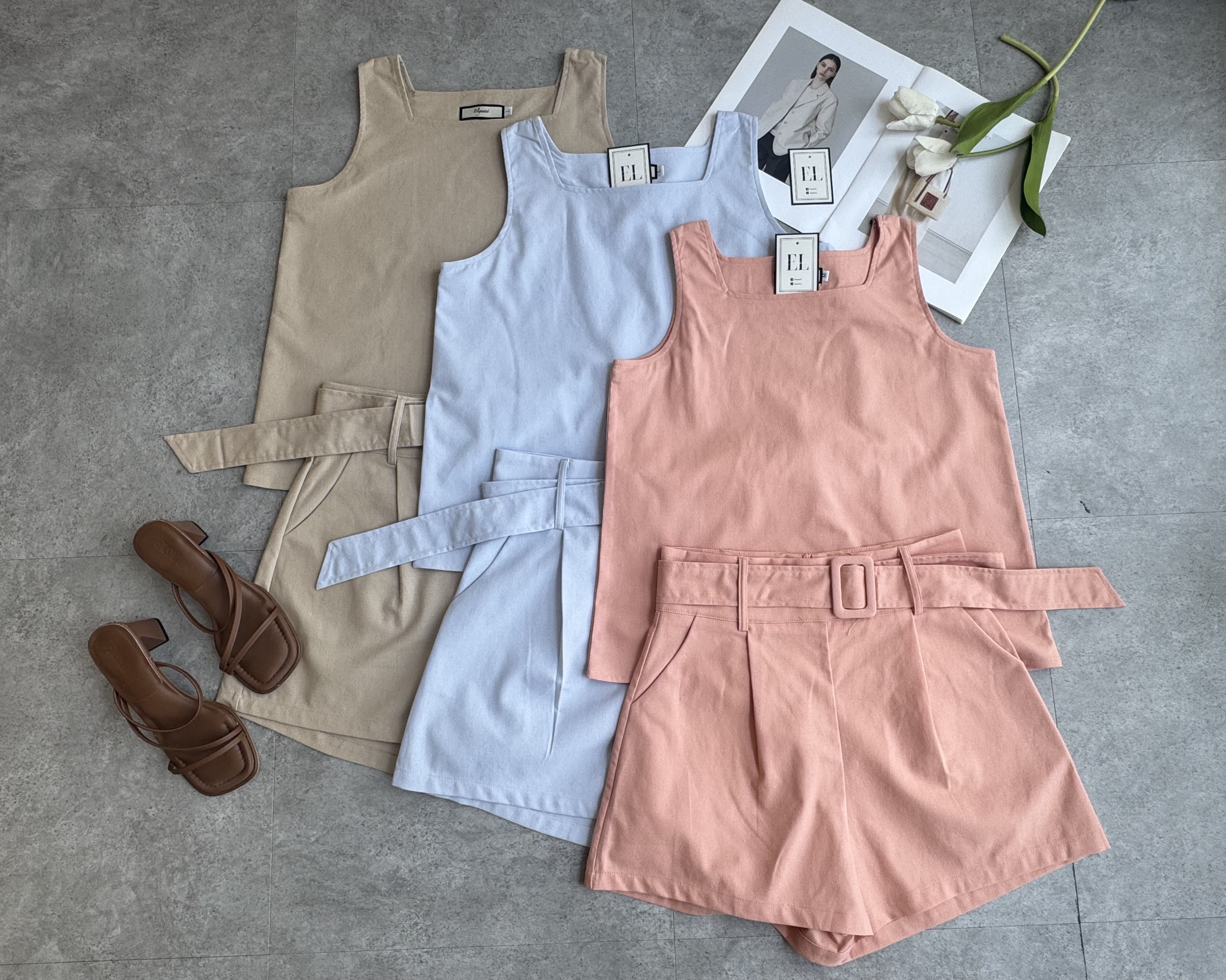 亚麻无袖方领宽衣短裤套装