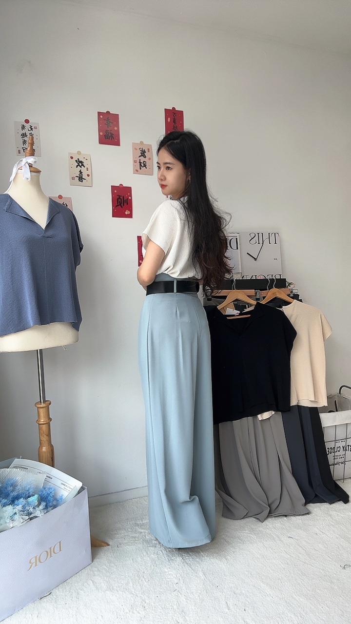 滑面高开褶阔腿裤-附送腰带