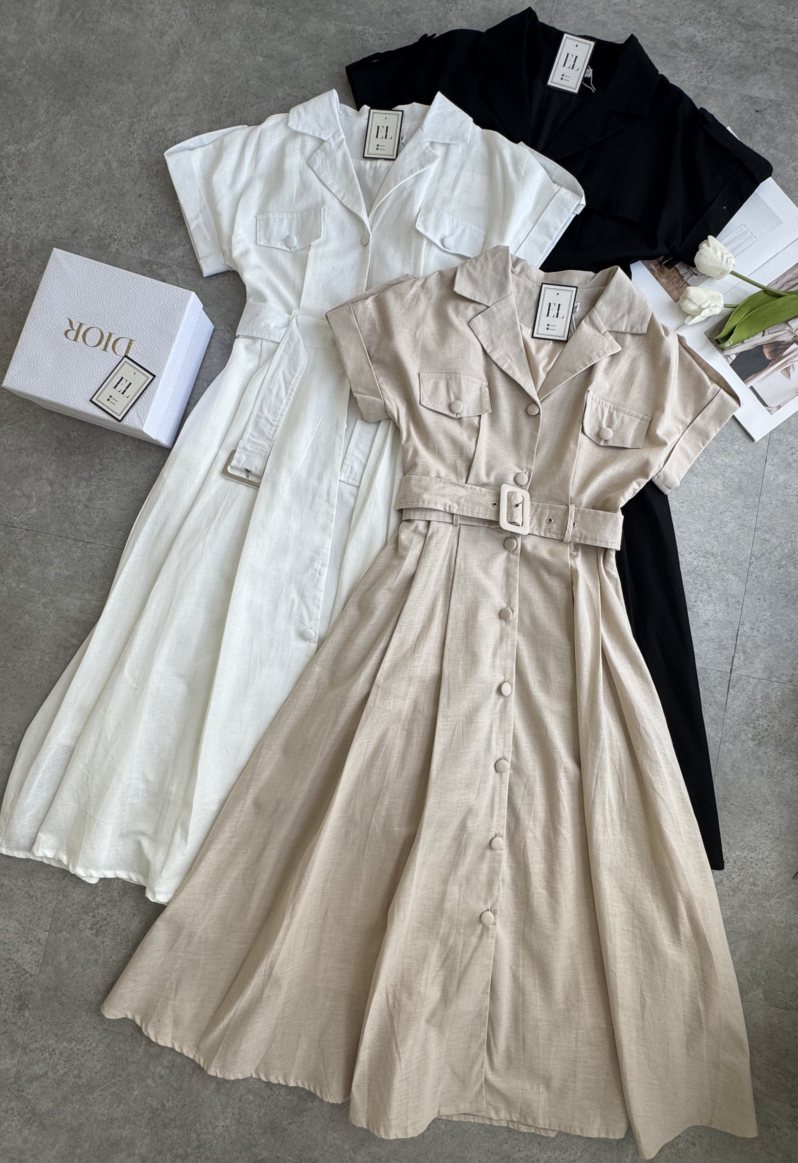 亚麻卷袖厚腰带连身裙