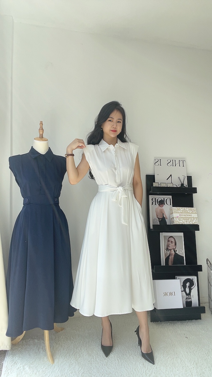 通勤垫肩无袖连身裙